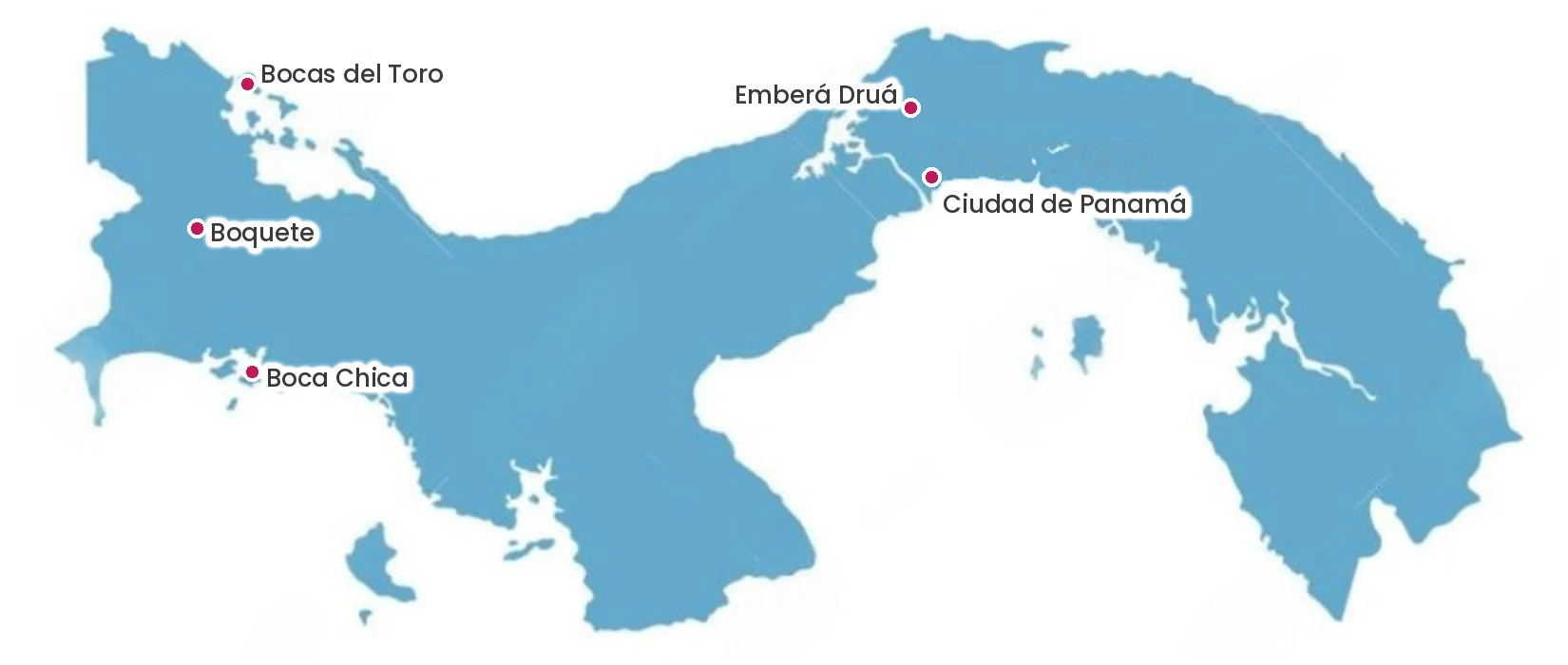 Mapa de Panamá con Ciudad de Panamá, Bocas del Toro, Boquete, Boca Chica y Emberá Druá señalados