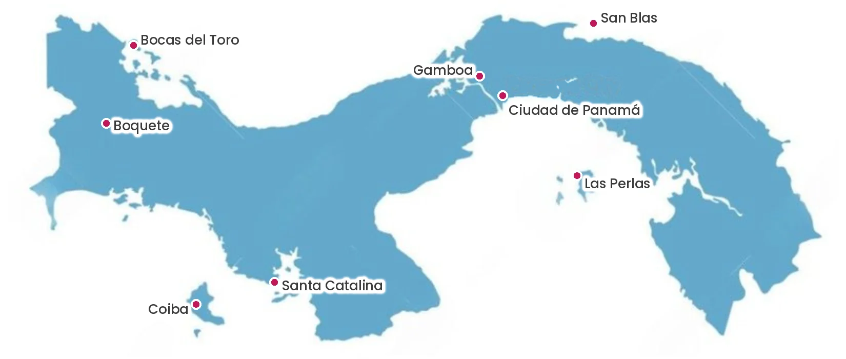 Mapa de Panamá con Ciudad de Panamá, Gamboa, Santa Catalina, Coiba, Boquete, Bocas del Toro, San Blas y Las Perlas señalados