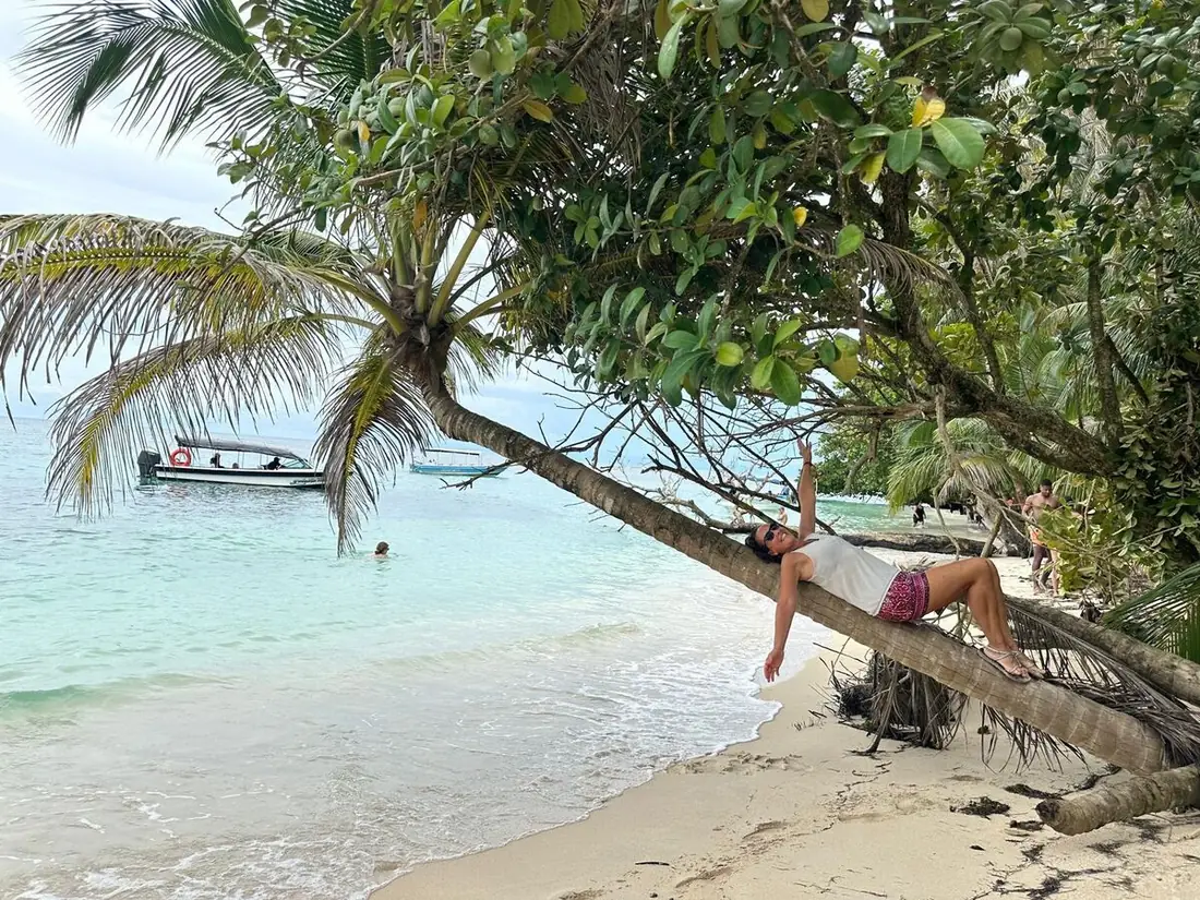 Viajera tumbada en una palmera inclinada sobre una playa de agua turquesa