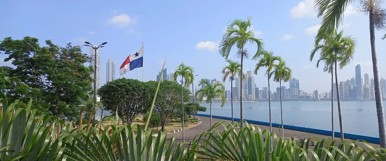 Bandera de Panamá y los rascacielos de la ciudad junto a la bahía